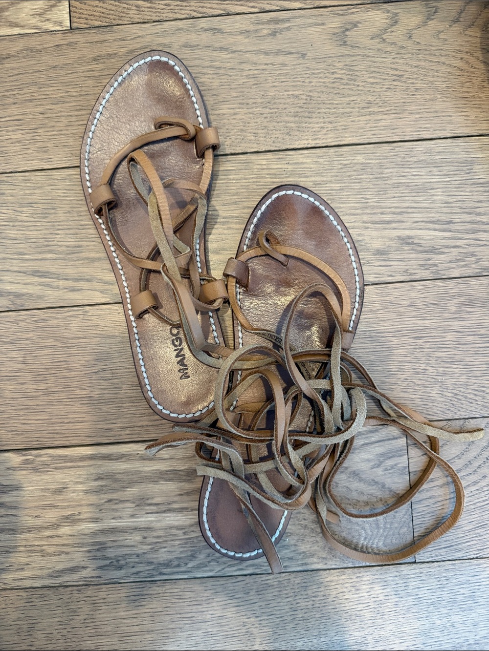 Mango Tan Brown Leather Lace-Up Sandals